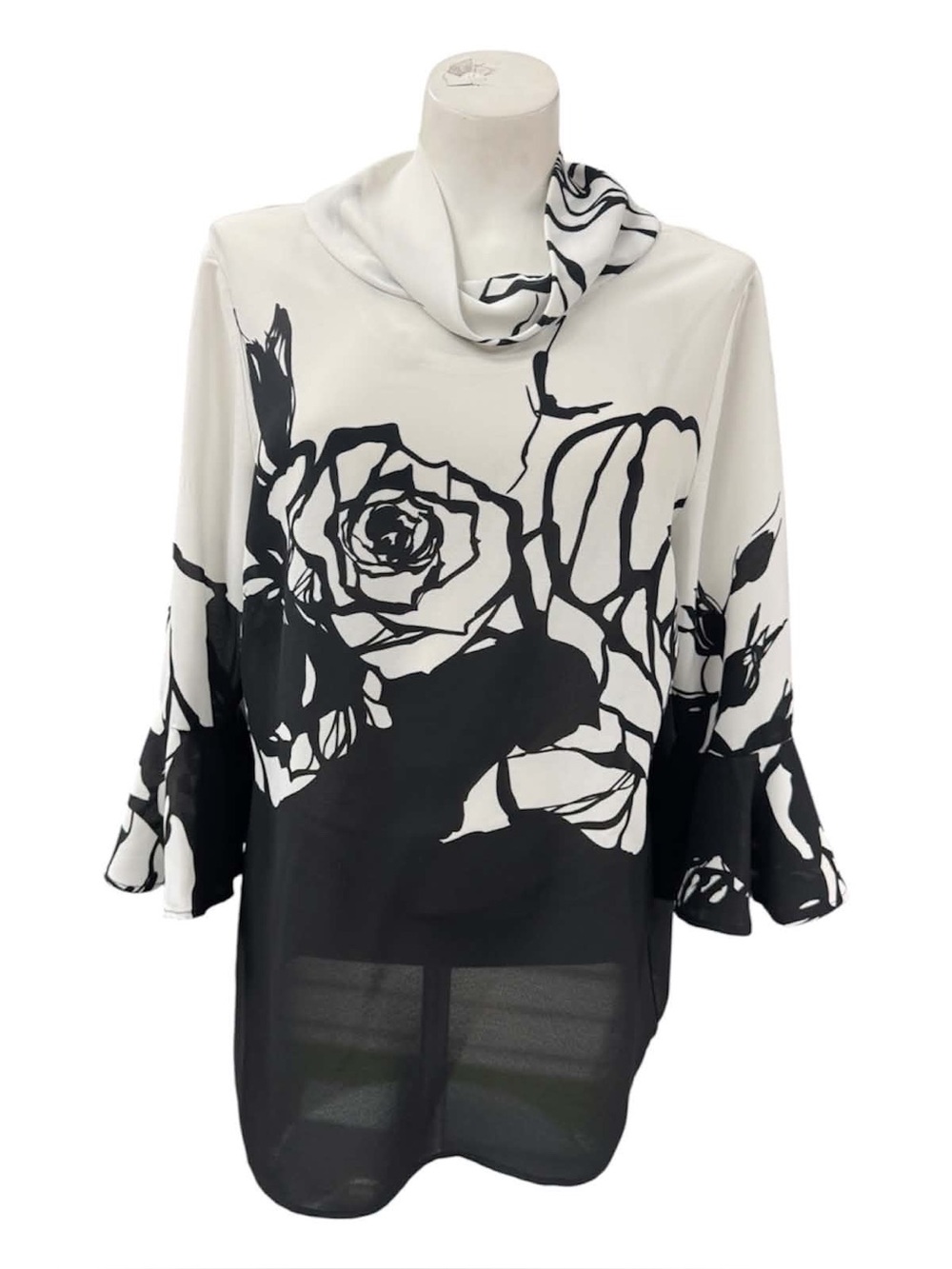 Frank Lyman Design Black & White Floral Cowl-Neck Tunic Size L